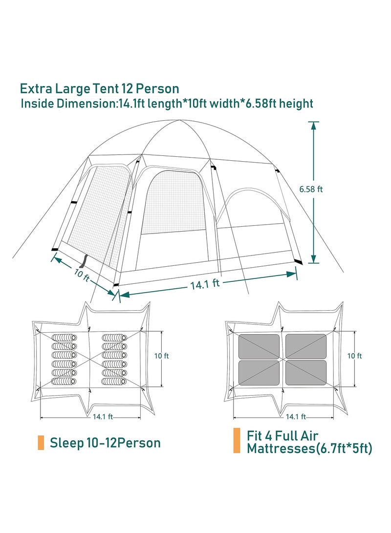 Arabest Camping Tent, Extra Large Tent 8-12 Person Family Cabin Tent, Double Layer Waterproof, 3 Doors and 3 Windows with Mesh, Big Tent for Camping, Outdoor, Picnic, Family, Friends Gathering - Image 2
