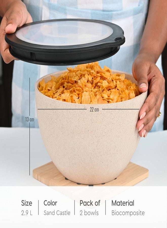 Eha Earth Friendly Mixing Bowls for Kitchen | Serving Bowls with Lid | Microwave Safe Bowl Set | Storage Bowls Made with Rice Husk and Bamboo Fibers | 2900ml Each | Set of 2 | Sand Castle| Beige - Image 2