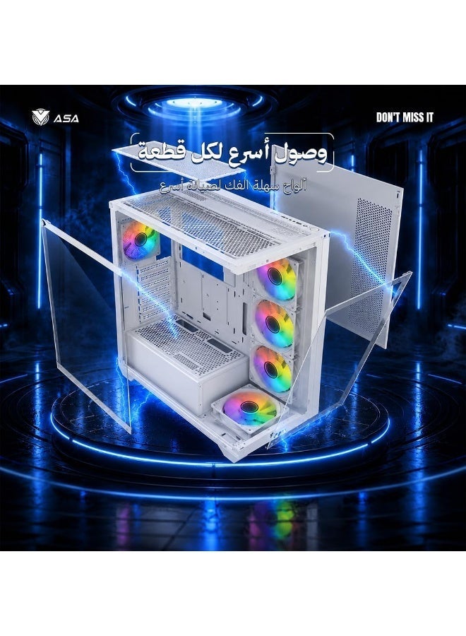 أيه أس أيه كيس كمبيوتر ASA ULTRA V2 أبيض متوسط الحجم – لوح جانبي من الزجاج المقوى، مراوح تبريد RGB، منفذ Type-C، دعم ATX وMicro-ATX وMini-ITX - Image 3