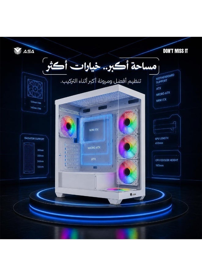 أيه أس أيه كيس كمبيوتر ASA ULTRA V2 أبيض متوسط الحجم – لوح جانبي من الزجاج المقوى، مراوح تبريد RGB، منفذ Type-C، دعم ATX وMicro-ATX وMini-ITX - Image 5