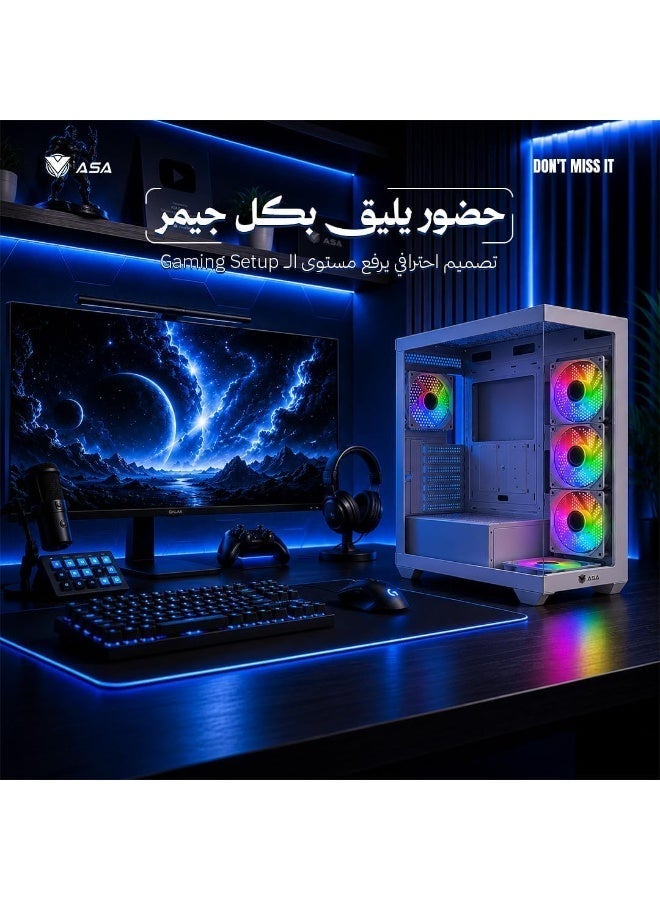 أيه أس أيه كيس كمبيوتر ASA ULTRA V2 أبيض متوسط الحجم – لوح جانبي من الزجاج المقوى، مراوح تبريد RGB، منفذ Type-C، دعم ATX وMicro-ATX وMini-ITX - Image 2