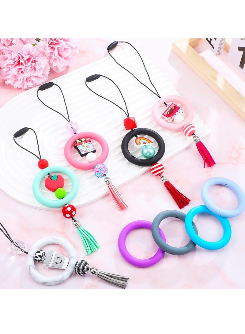 SOLARAE 30 Sets Silicone Beadable Rings Making Kits, Tassel Pendant Making Kit, 65mm Round Silicone Bead Loop and Keychain, Tassels Bulk Leather Key Chain Charms, for DIY Keychain Bracelet Jewelry Necklace - Image 2