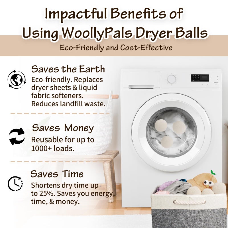 WoollyPals Dryer Balls (6-Pack, XL Size) - 100% New Zealand Wool - No More Dryer Sheets - Eco Dryer Balls - Reusable - Softens Laundry - Reduces Drying Time & Static - with Storage Bag (Plain White) - Image 3