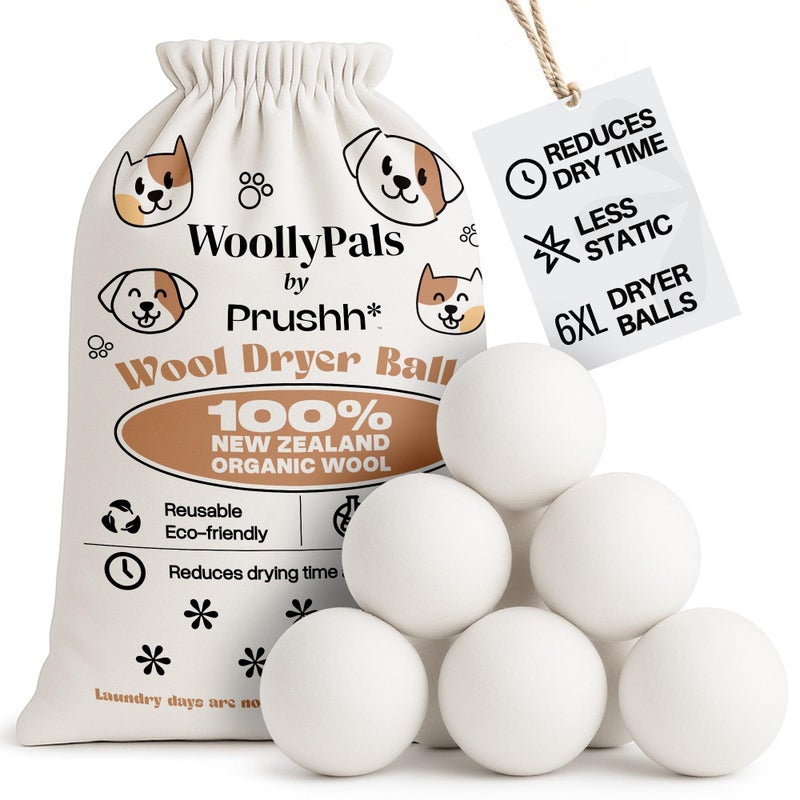 WoollyPals Dryer Balls (6-Pack, XL Size) - 100% New Zealand Wool - No More Dryer Sheets - Eco Dryer Balls - Reusable - Softens Laundry - Reduces Drying Time & Static - with Storage Bag (Plain White) - Image 1
