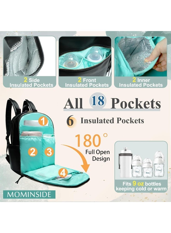 MOMINSIDE Diaper Bag Backpack Leather Diaper Bag with 6 Insulated Pockets, Baby Bag for Mom Dad, Baby Registry, Changing Pad, Stroller Straps,Diaper Backpack Diaper Bag Leather (Black) - Image 2