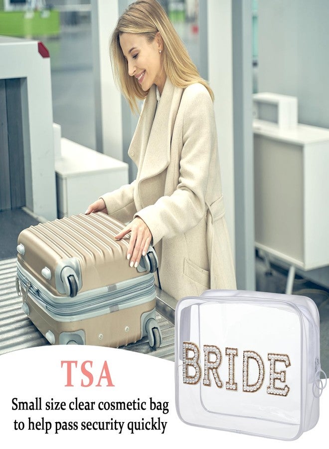 Etercycle Bride Clear Makeup Bag, Bridal Shower Gifts Engagement Cosmetic Bag, Bling Pearl Rhinestone Letter Patches Waterproof PVC Travel Organizer for Women Wedding Bachelorette Party (Gold) - Image 3