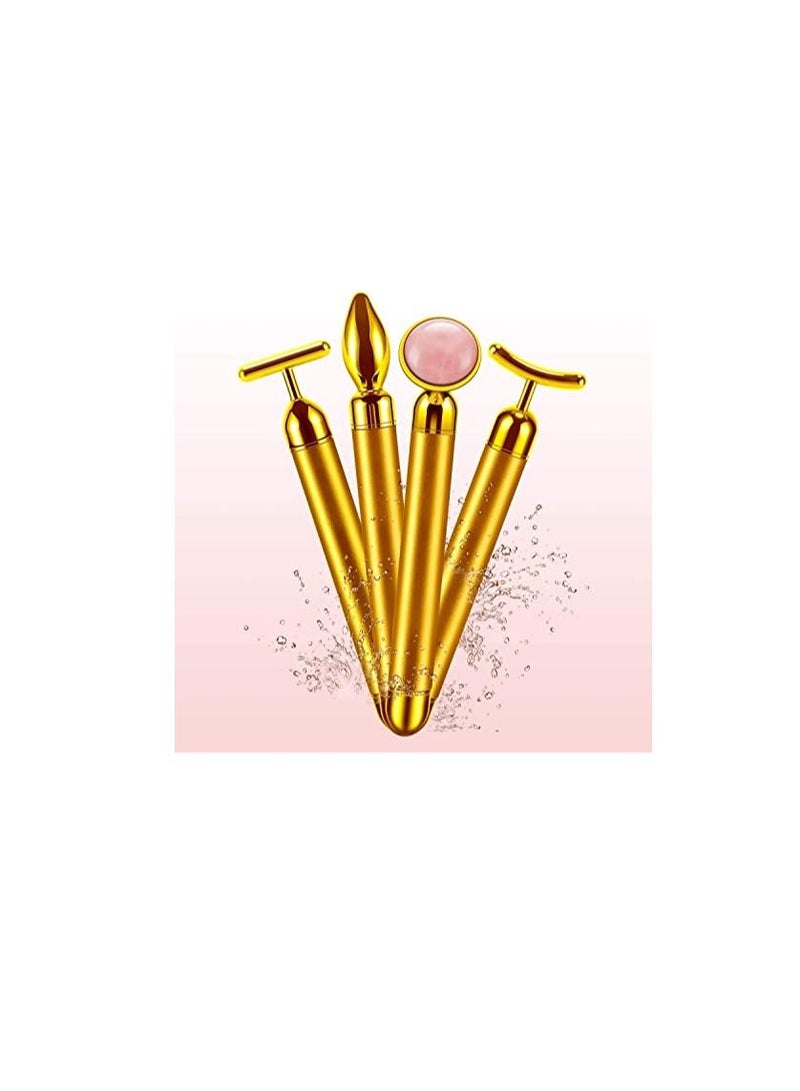 SYOSI 4-in-1 Beauty Bar 24k Golden Pulse Face Massager, Electric Jade Roller Facial Massager Rose Quartz, Arm Eye Nose Massage Stone for Face Lift Anti-Aging Anti-Wrinkles Skin Tightening Firming(Gold) - Image 1
