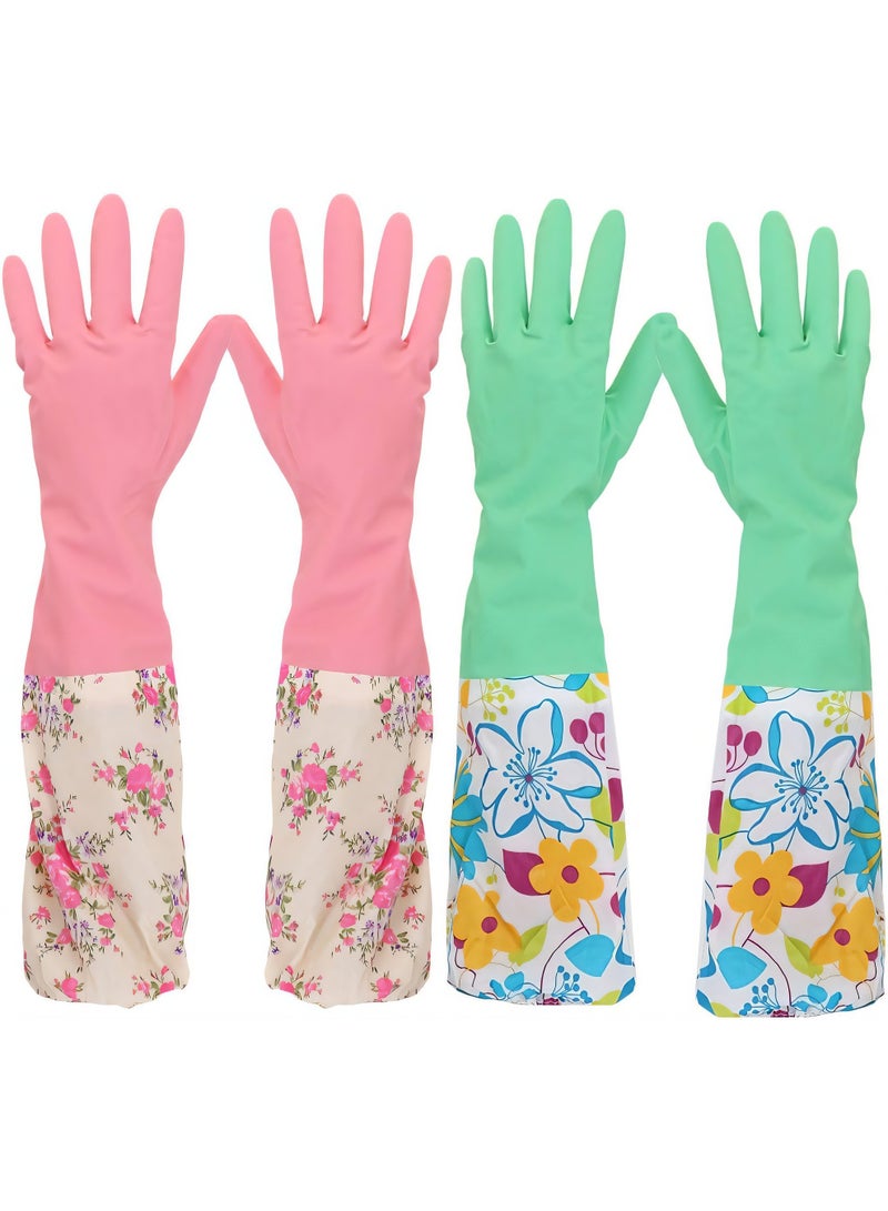 2-Pairs Reusable Long Cuff Dishwashing Cleaning Rubber Gloves with Waterproof Latex and Flock Lining - Floral Pattern Household Cleaning Gloves for Kitchen, Washing, and Multi-Purpose Tasks, Comfortable & Durable for Men & Women - Image 1