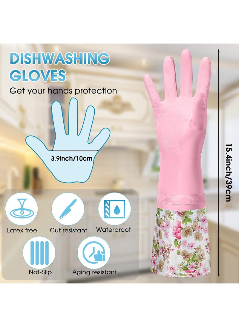 2-Pairs Reusable Long Cuff Dishwashing Cleaning Rubber Gloves with Waterproof Latex and Flock Lining - Floral Pattern Household Cleaning Gloves for Kitchen, Washing, and Multi-Purpose Tasks, Comfortable & Durable for Men & Women - Image 2