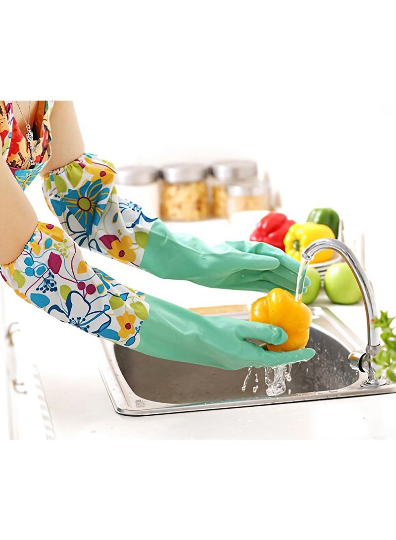 2-Pairs Reusable Long Cuff Dishwashing Cleaning Rubber Gloves with Waterproof Latex and Flock Lining - Floral Pattern Household Cleaning Gloves for Kitchen, Washing, and Multi-Purpose Tasks, Comfortable & Durable for Men & Women - Image 5