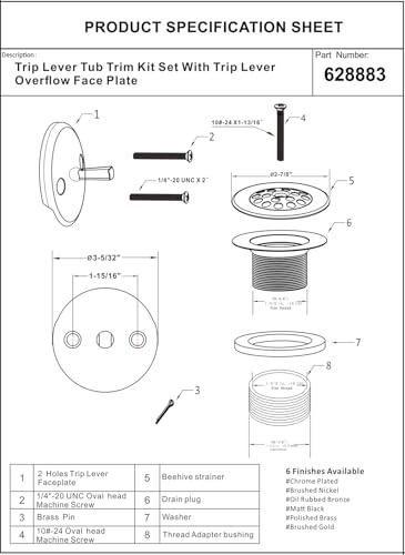 Artiwell Trip Lever Tub Trim Kit Set with Trip Lever Overflow Face Plate, Trip Lever Bathtub Drain with Strainer, Overflow and Matching Screws (POLISHED BRASS) - Image 3