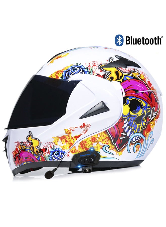 Men's Bluetooth Open Face Motorcycle Helmet – Bright White Skull Design, Tea Mirror Visor, 3C Certified