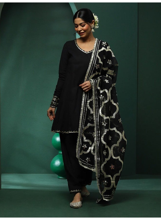 AKS Couture Gotta Patti V-Neck Pure Cotton Kurta With Salwar & Dupatta - Image 1