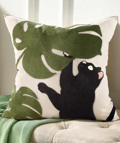 Kokaaee Spring Pillow Cover 18x18 Inch Embroidered Summer Throw Pillow Cover Cat Monstera Leaves Farmhouse Decorative Cushion Case with Hidden Zipper Decoration for Couch Sofa Living Room1 Pack - Image 1