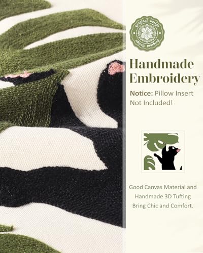 Kokaaee Spring Pillow Cover 18x18 Inch Embroidered Summer Throw Pillow Cover Cat Monstera Leaves Farmhouse Decorative Cushion Case with Hidden Zipper Decoration for Couch Sofa Living Room1 Pack - Image 3