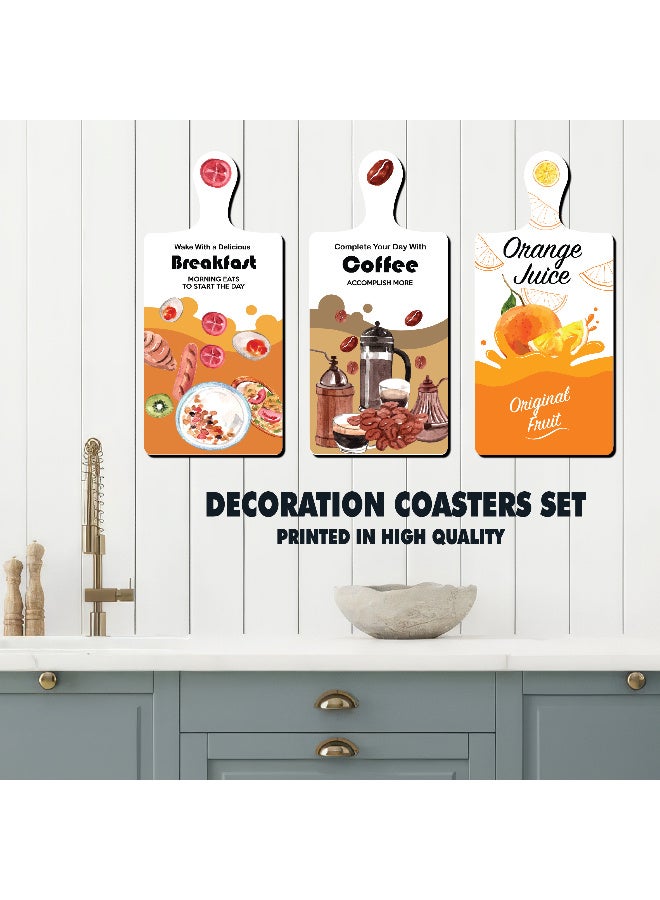 A Set Of 3 Wooden Wall Decor Pieces Designed Like Coasters Or Cutting Boards, Printed With Elegant Illustrations. Comes With Double-Sided Adhesive Backing. Dimensions: 28×13.5 Cm. Features High-Quality Glossy Printing With A Protective Layer Resistant To Dust And Wear. - Image 3