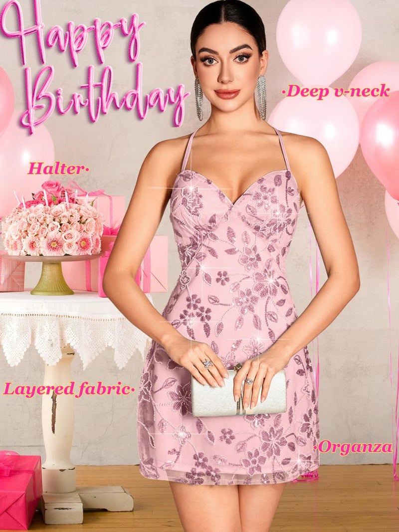 ShawGobow Beaded Sequin Dress,Backless Floral Mini Dresses for Women,Homecoming Cocktail Party Sparkly Outfits Pink Large - Image 5