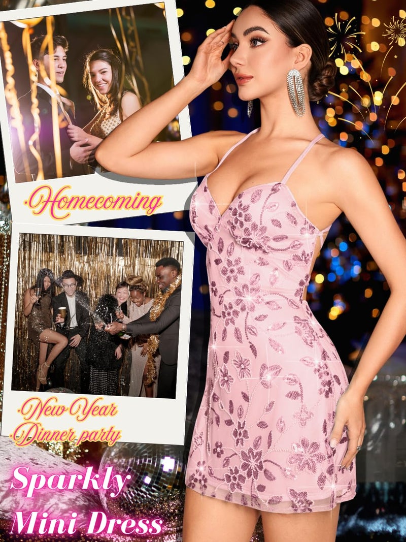 ShawGobow Beaded Sequin Dress,Backless Floral Mini Dresses for Women,Homecoming Cocktail Party Sparkly Outfits Pink Large - Image 2