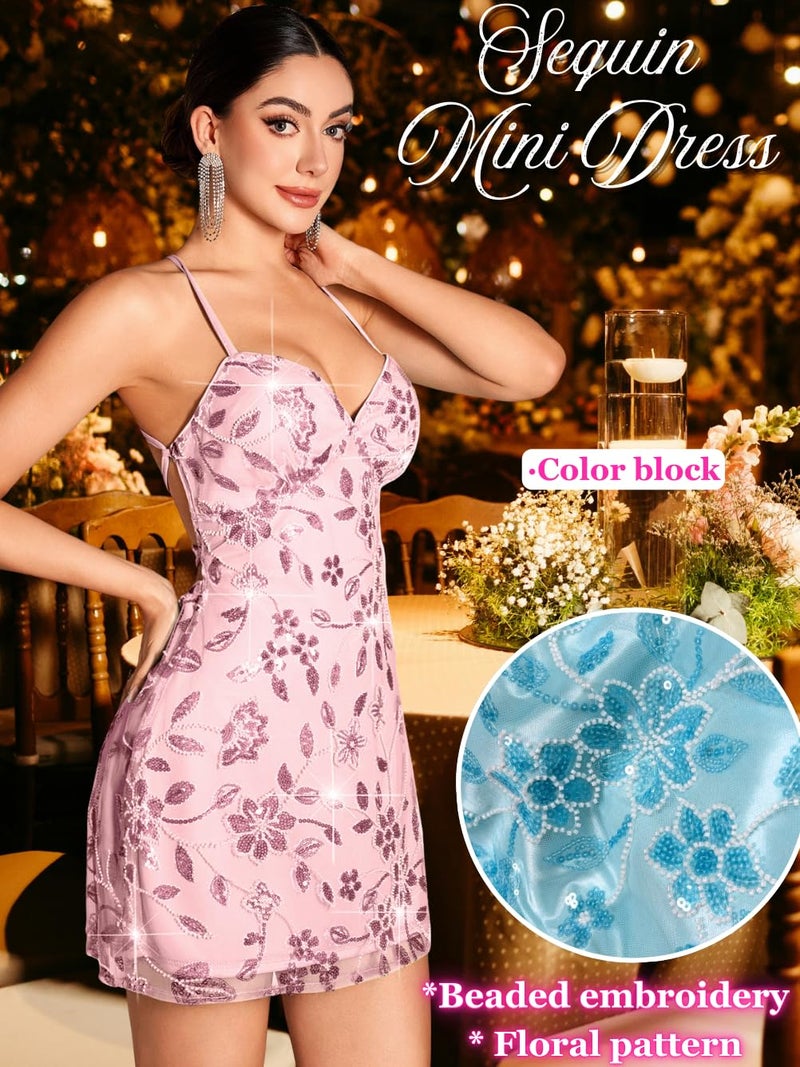 ShawGobow Beaded Sequin Dress,Backless Floral Mini Dresses for Women,Homecoming Cocktail Party Sparkly Outfits Pink Large - Image 3