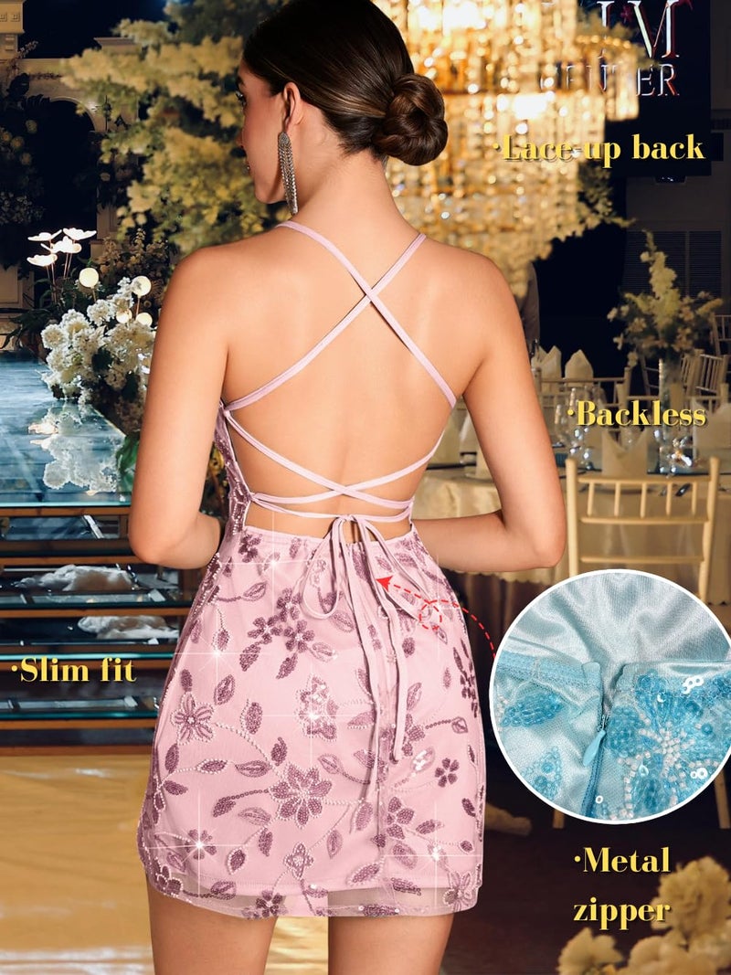 ShawGobow Beaded Sequin Dress,Backless Floral Mini Dresses for Women,Homecoming Cocktail Party Sparkly Outfits Pink Large - Image 4