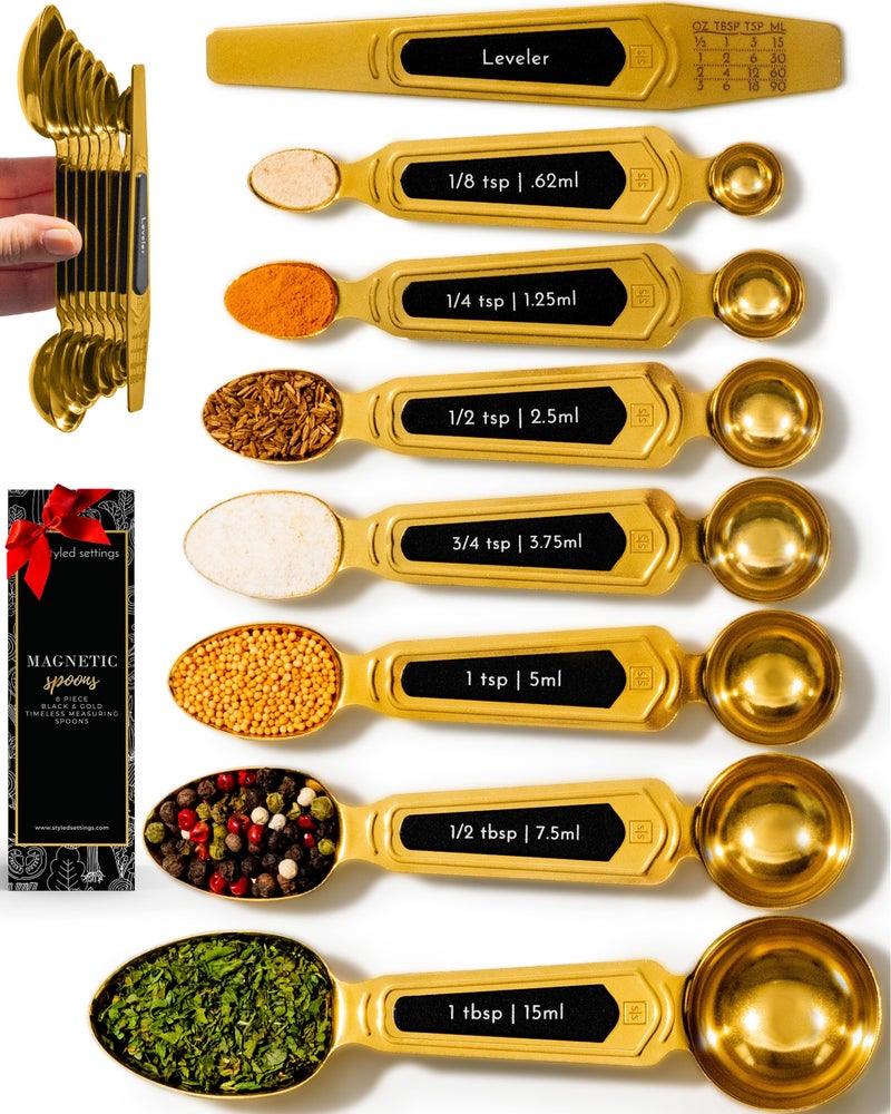 styled settings Gold Magnetic Measuring Spoons with Leveler - Featuring 8-Piece Upgraded Style, Dual-Sided, Stackable, Stainless Steel Gold Measuring Spoons Set - Fits in Spice Jars, Luxury Kitchen Accessories - Image 1