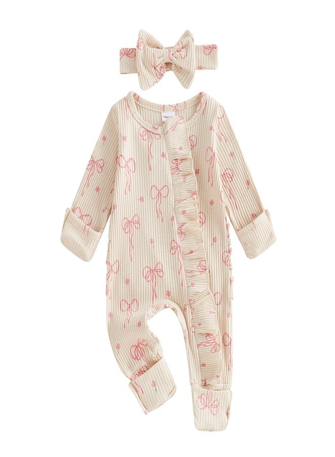 Gureui Newborn Baby Girl Fall Outfits Long Sleeve Romper Onesie Bodysuit Infant Bow Zipper Clothes (A Apricot, Newborn) - Image 1
