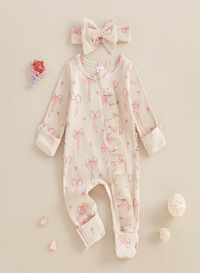 Gureui Newborn Baby Girl Fall Outfits Long Sleeve Romper Onesie Bodysuit Infant Bow Zipper Clothes (A Apricot, Newborn) - Image 2