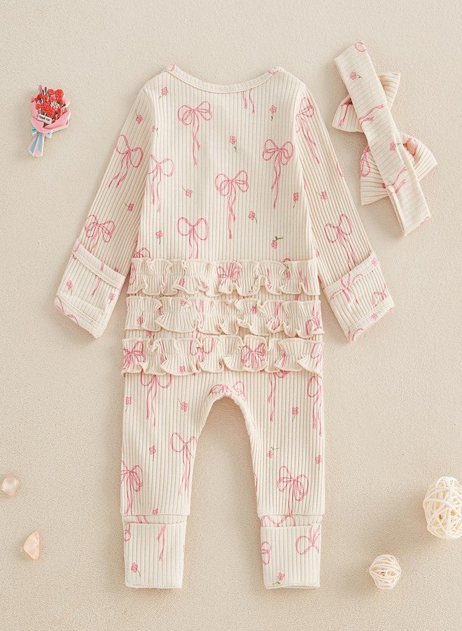 Gureui Newborn Baby Girl Fall Outfits Long Sleeve Romper Onesie Bodysuit Infant Bow Zipper Clothes (A Apricot, Newborn) - Image 3