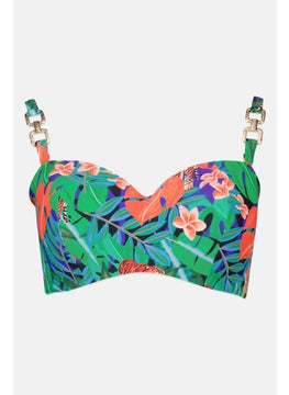 Women Floral Padded Bikini Top, Green Combo