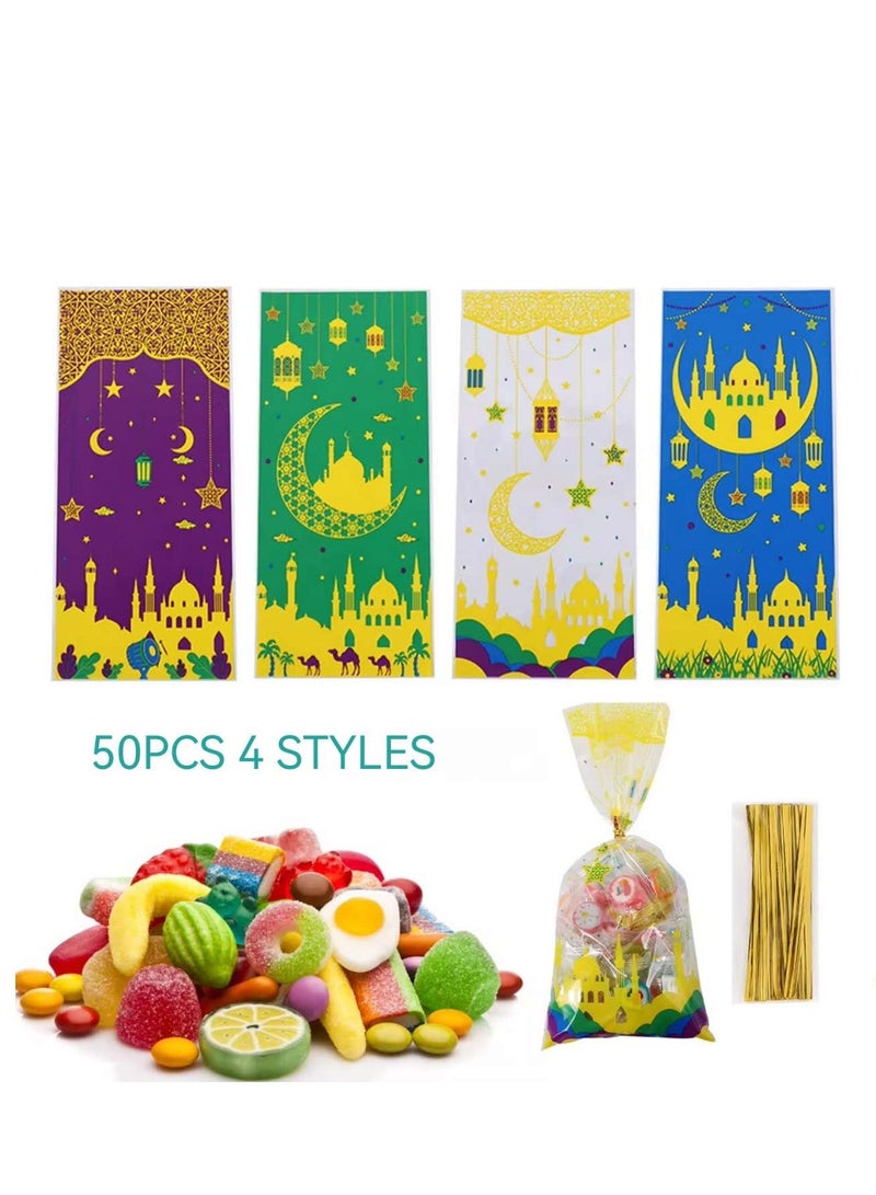 50 Pieces Eid Mubarak Gift Bags Plastic Candy Sweets Cookies Bags New Party Supplies 4 Mix Styles - Image 1
