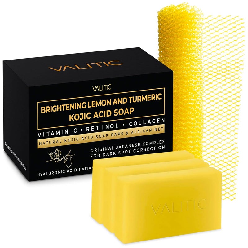 VALITIC Brightening Lemon and Turmeric Kojic Acid Soap  Vitamin C Retinol  Original Japanese Complex with Hyaluronic Acid Vitamin E Shea Butter Castile Olive Oil  3 Pack and African Net Sponge