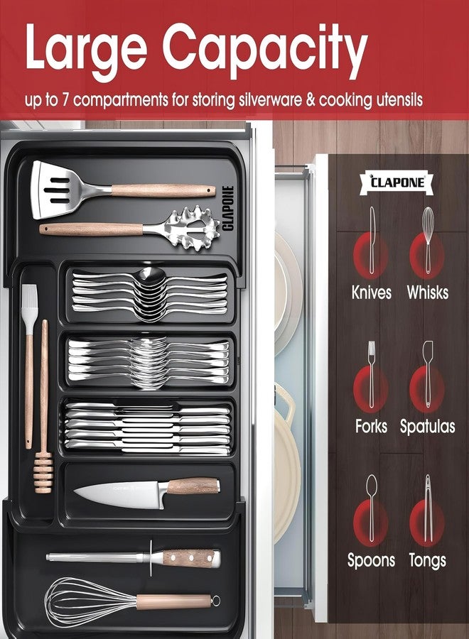CLAPONE Drawer Organizer Tray/Kitchen Expandable Utensil Tray/Adjustable Utensil Organizer/Cutlery Silverware Flatware Holder/Divider for Spoons Forks Knives Tableware (Black, 1 Pieces) - Image 3