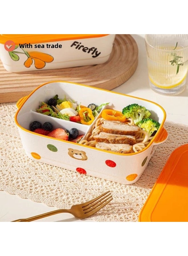 2024 Ceramic Lunch Box Compartment Office Workers Microwave Oven Heating Special Women's High-value Lunch Box-Specifications:Ceramic Three-compartment Lunch Box (orange Bear) Set Of Two-Color:No Specifications  - Image 3