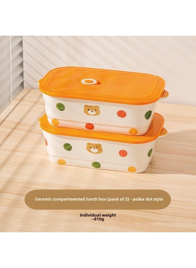 2024 Ceramic Lunch Box Compartment Office Workers Microwave Oven Heating Special Women's High-value Lunch Box-Specifications:Ceramic Three-compartment Lunch Box (orange Bear) Set Of Two-Color:No Specifications  - Image 1