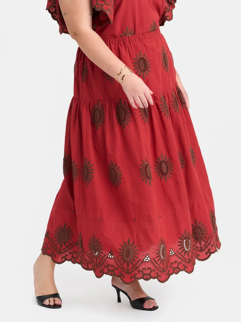 فيرجيو Solid Cotton Schiffli Maxi Plus Size Skirt for Women