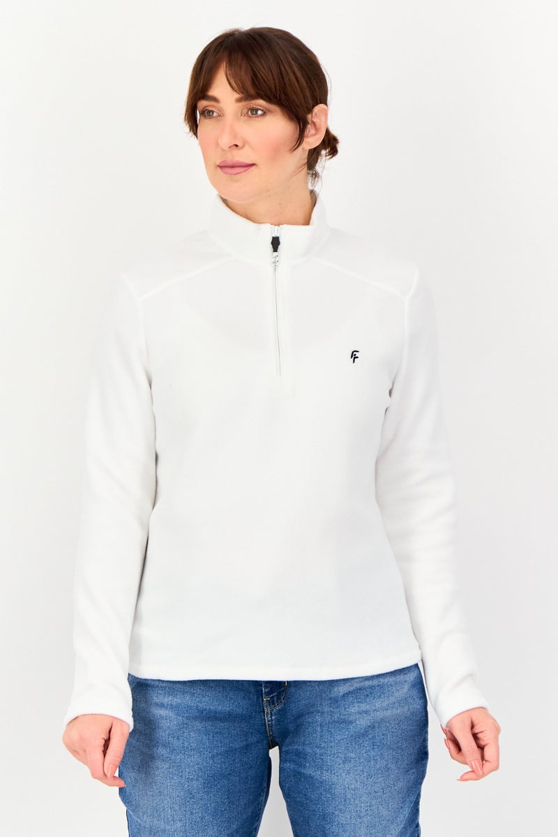 DeFacto Women Mock Neck Long Sleeve Embroidered Logo Sweatshirt, White - Image 1