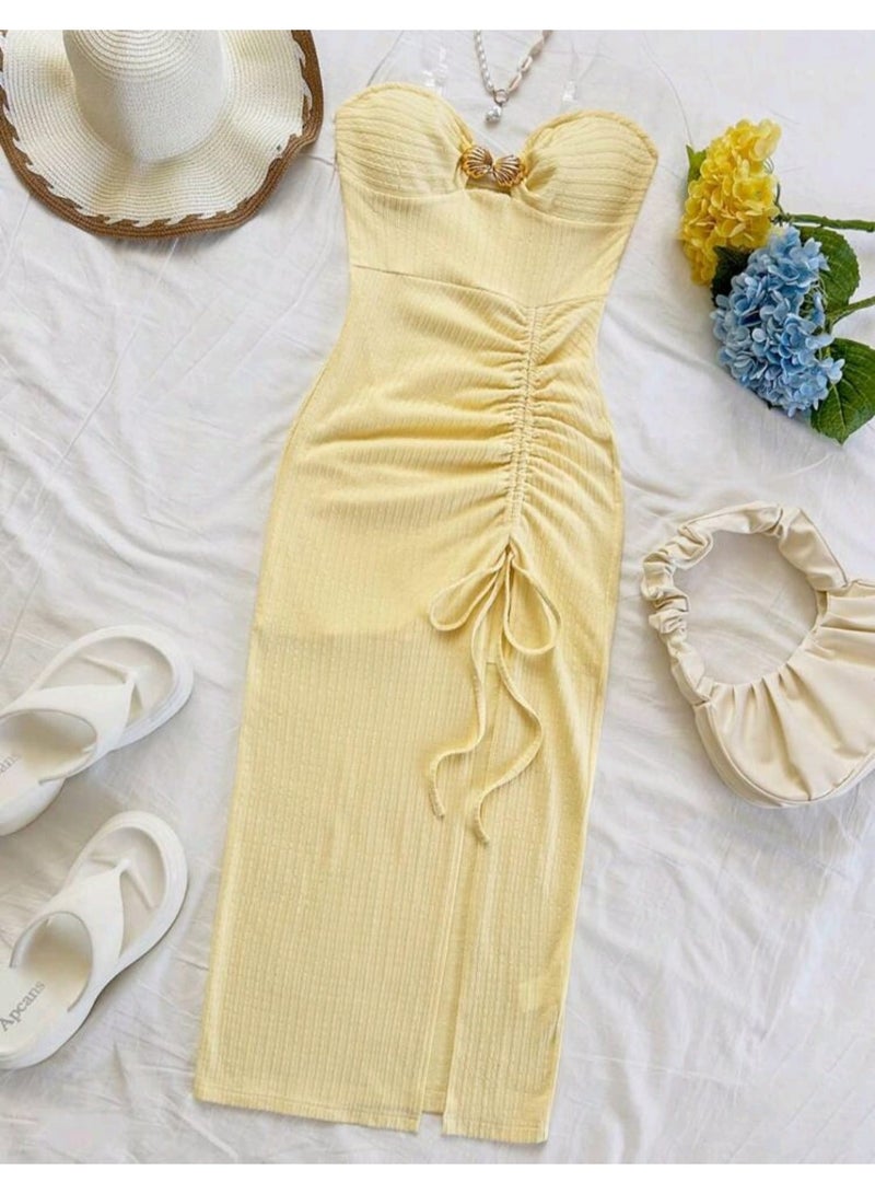 shein Elegant Strapless Shell Twist Knot Slit Drawstring Maxi Dress, - Image 1