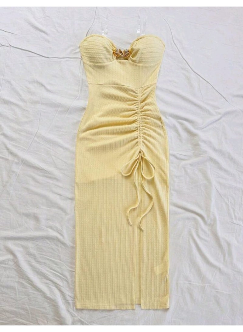 shein Elegant Strapless Shell Twist Knot Slit Drawstring Maxi Dress, - Image 2