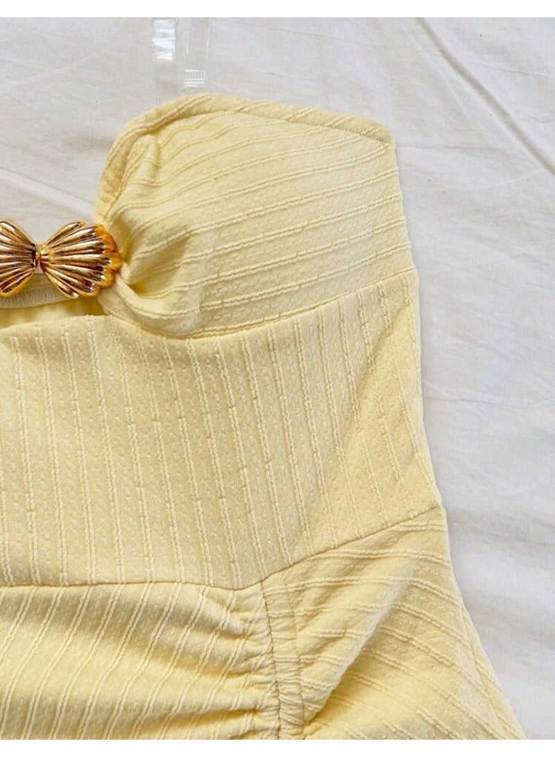 shein Elegant Strapless Shell Twist Knot Slit Drawstring Maxi Dress, - Image 3