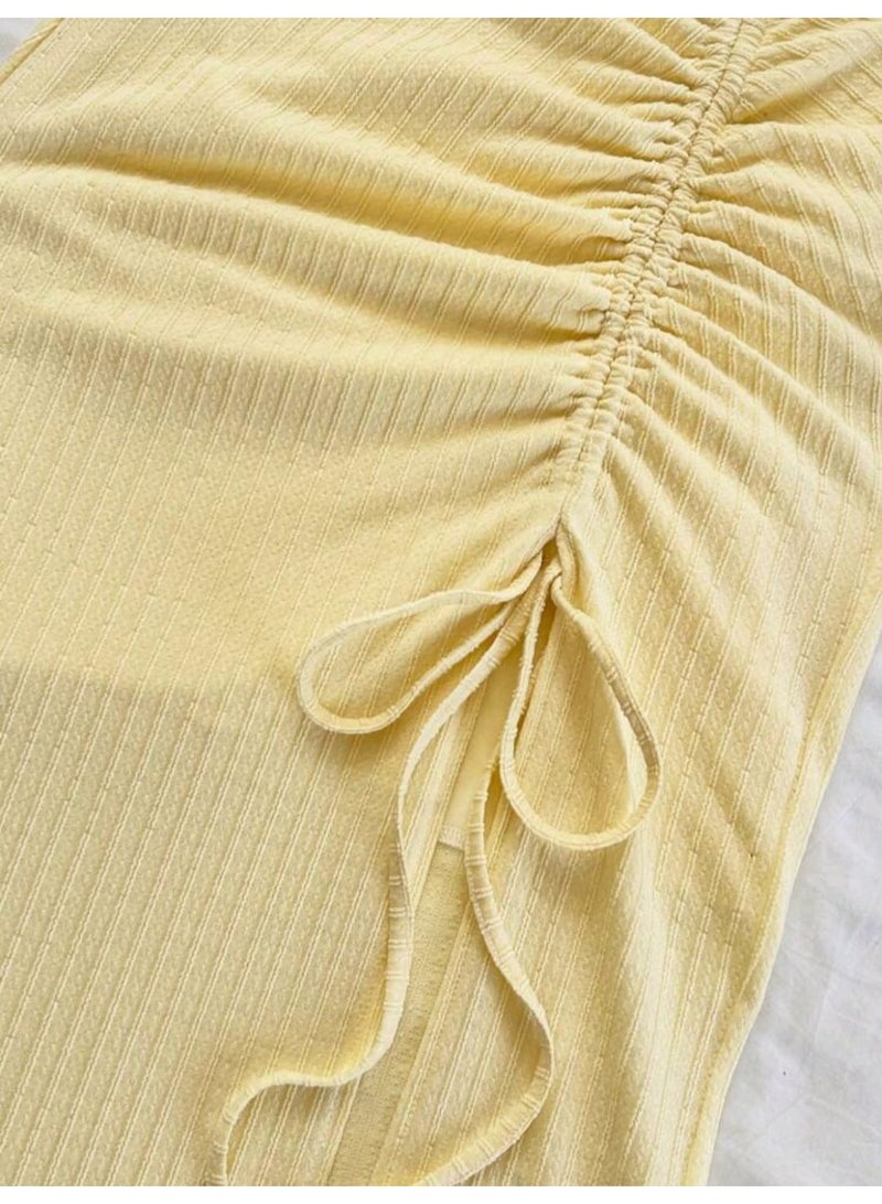 shein Elegant Strapless Shell Twist Knot Slit Drawstring Maxi Dress, - Image 4