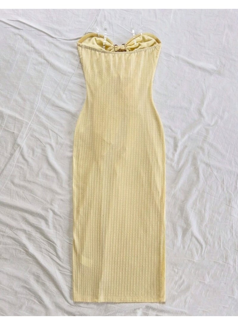 shein Elegant Strapless Shell Twist Knot Slit Drawstring Maxi Dress, - Image 5