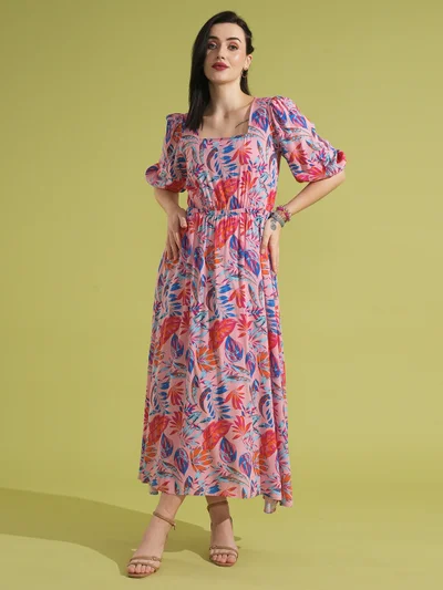 globus Women Tropical Printed Puff Sleeve Fit & Flare Maxi Dress