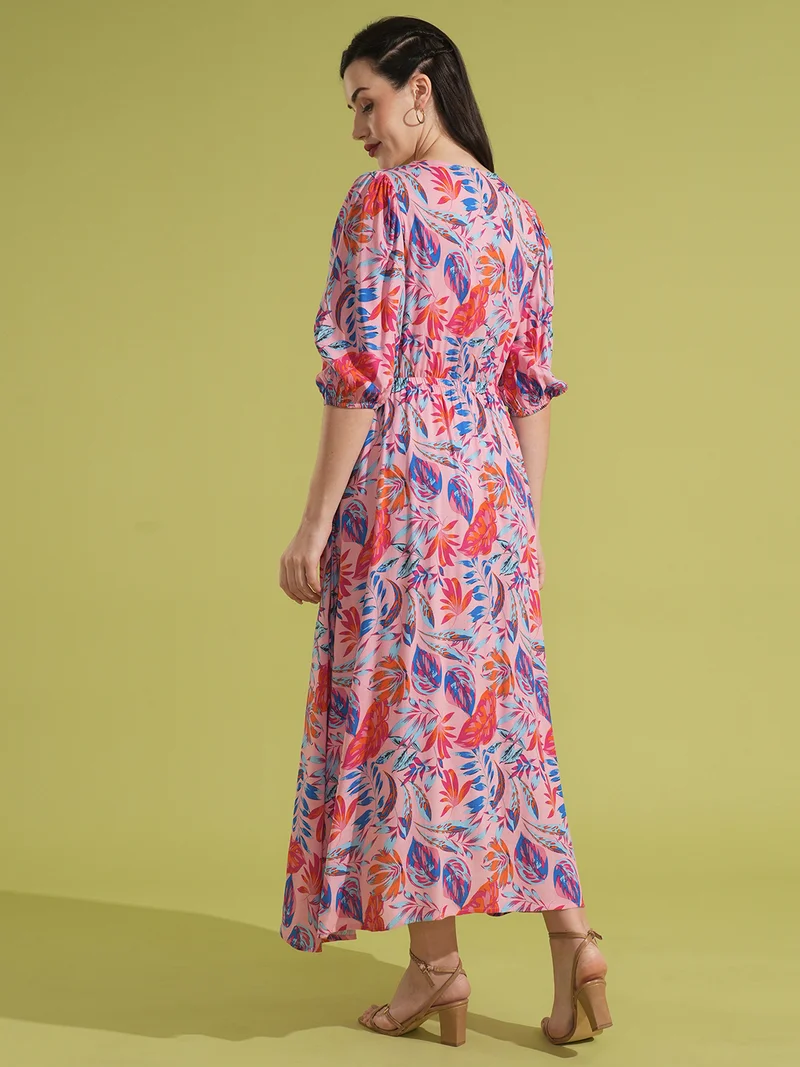globus Women Tropical Printed Puff Sleeve Fit & Flare Maxi Dress