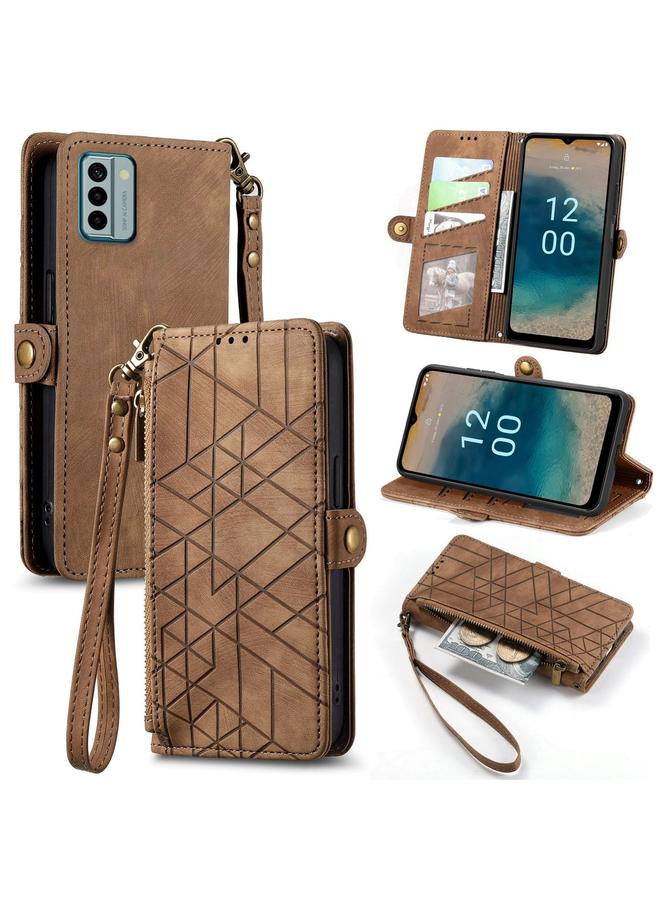 اس-توب جراب هاتف Nokia G22 بتصميم هندسي وسحاب ومشبك جانبي من الجلد - Image 1