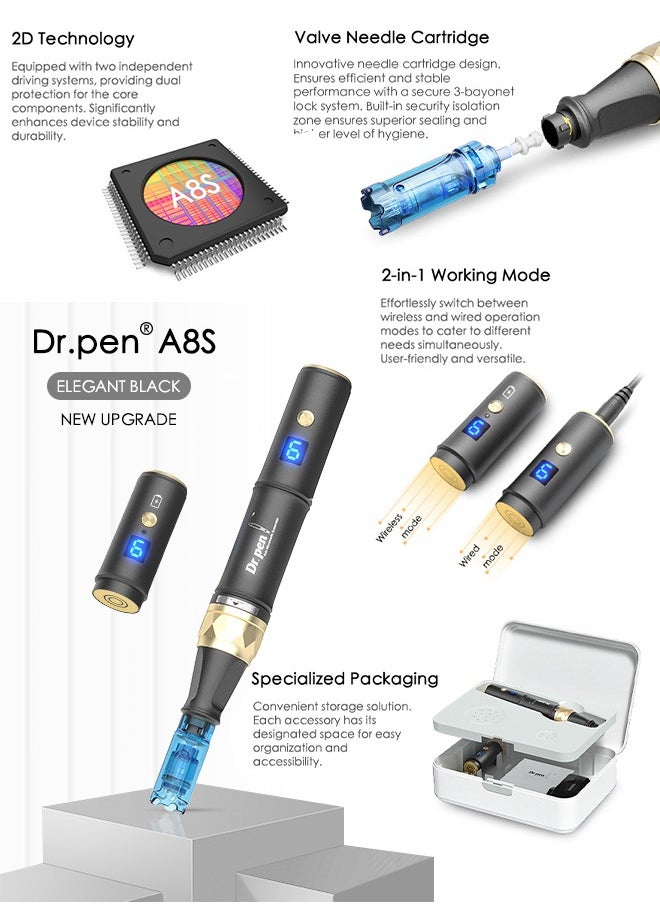 قلم Dr.pen A8S Microneedling مع 8 خراطيش (18/36/42/Nano-R)، إبر دقيقة احترافية لنمو الوجه/الشعر