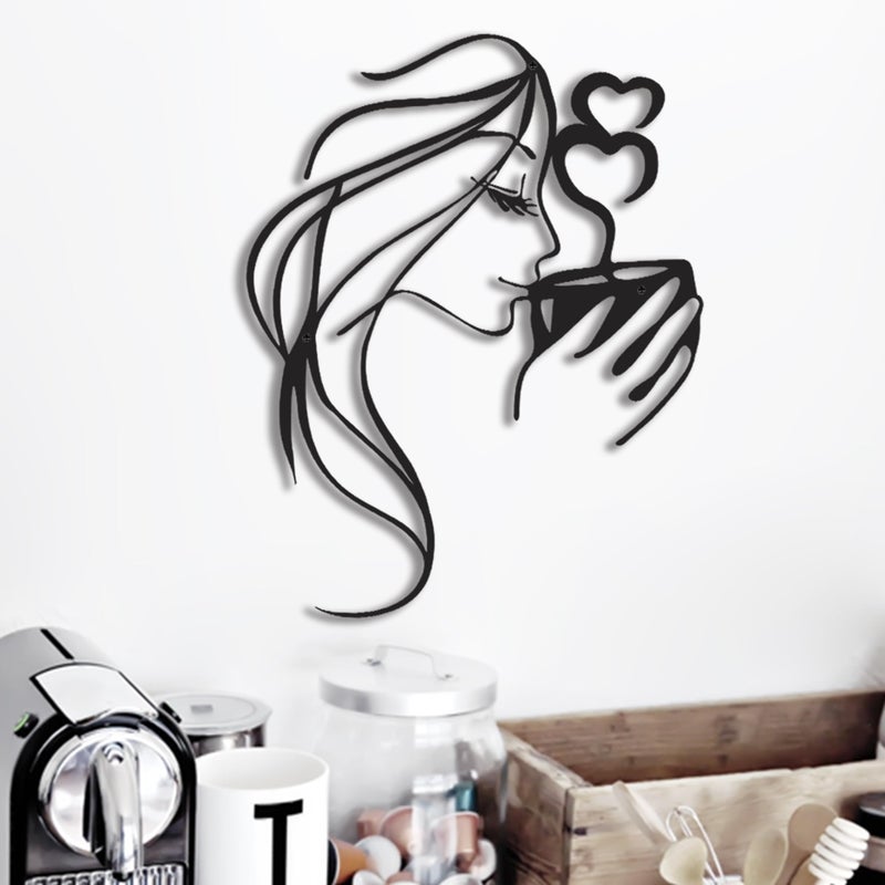 LIYAOLI Coffee Wall Art Bar Sign Decor,3D Black Metal Wall Art,Kitchen Line Art Wall Decor,Woman Drinking Coffee Wall Sculptures,Unique Modern Metal Wall Art for Living Room,Bedroom,Coffee Bar Wall Decor - Image 1