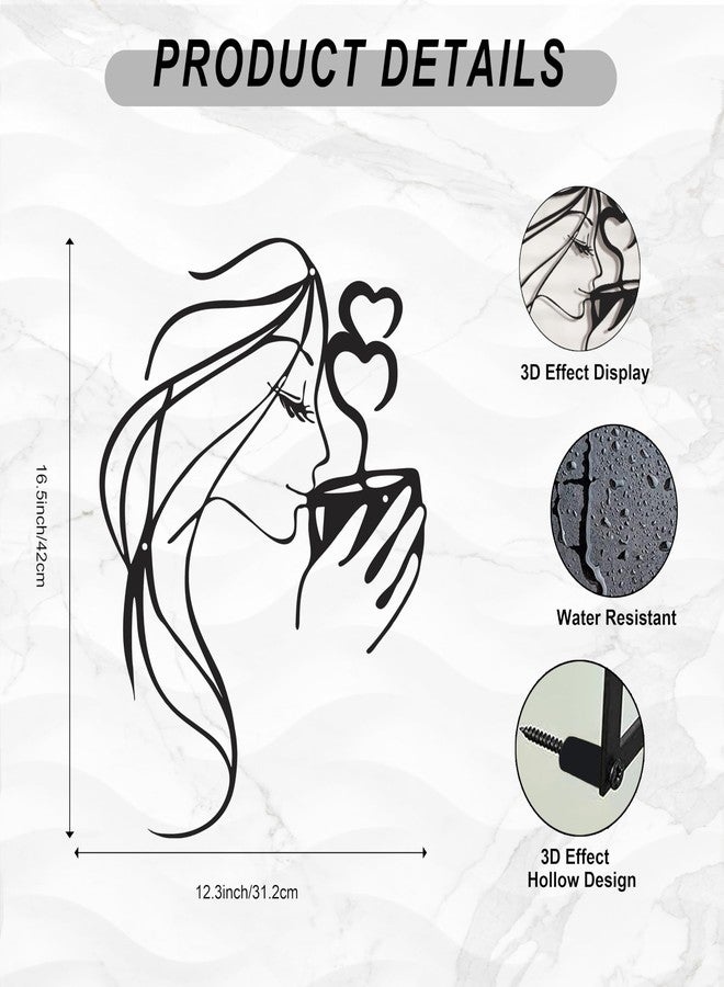 LIYAOLI Coffee Wall Art Bar Sign Decor,3D Black Metal Wall Art,Kitchen Line Art Wall Decor,Woman Drinking Coffee Wall Sculptures,Unique Modern Metal Wall Art for Living Room,Bedroom,Coffee Bar Wall Decor - Image 3