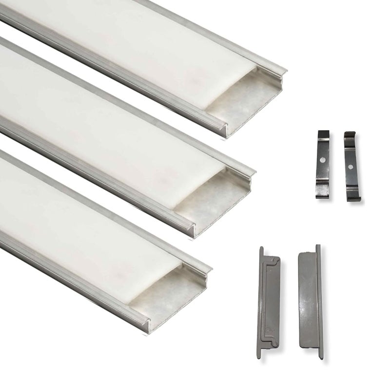 Abaj Lighting 50x12mm LED Strip Light 1Meter Aluminium Rectangular Conciled Profile Light Channels with Diffused Cover End Caps and Mounting Clips Without LED Straight Linear Pack of 3 - Image 1