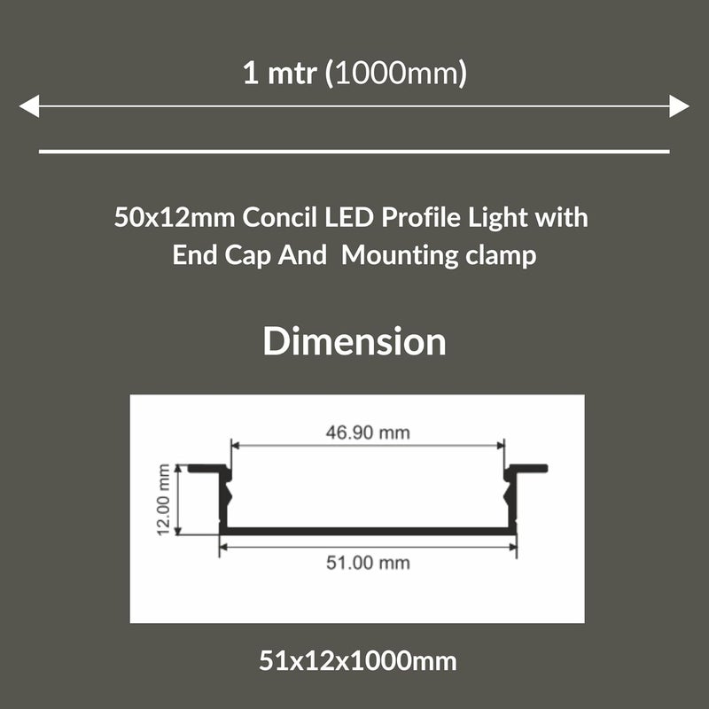 Abaj Lighting 50x12mm LED Strip Light 1Meter Aluminium Rectangular Conciled Profile Light Channels with Diffused Cover End Caps and Mounting Clips Without LED Straight Linear Pack of 3 - Image 2
