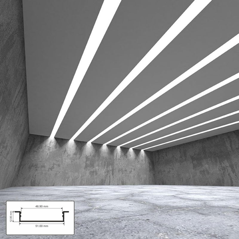 Abaj Lighting 50x12mm LED Strip Light 1Meter Aluminium Rectangular Conciled Profile Light Channels with Diffused Cover End Caps and Mounting Clips Without LED Straight Linear Pack of 3 - Image 4